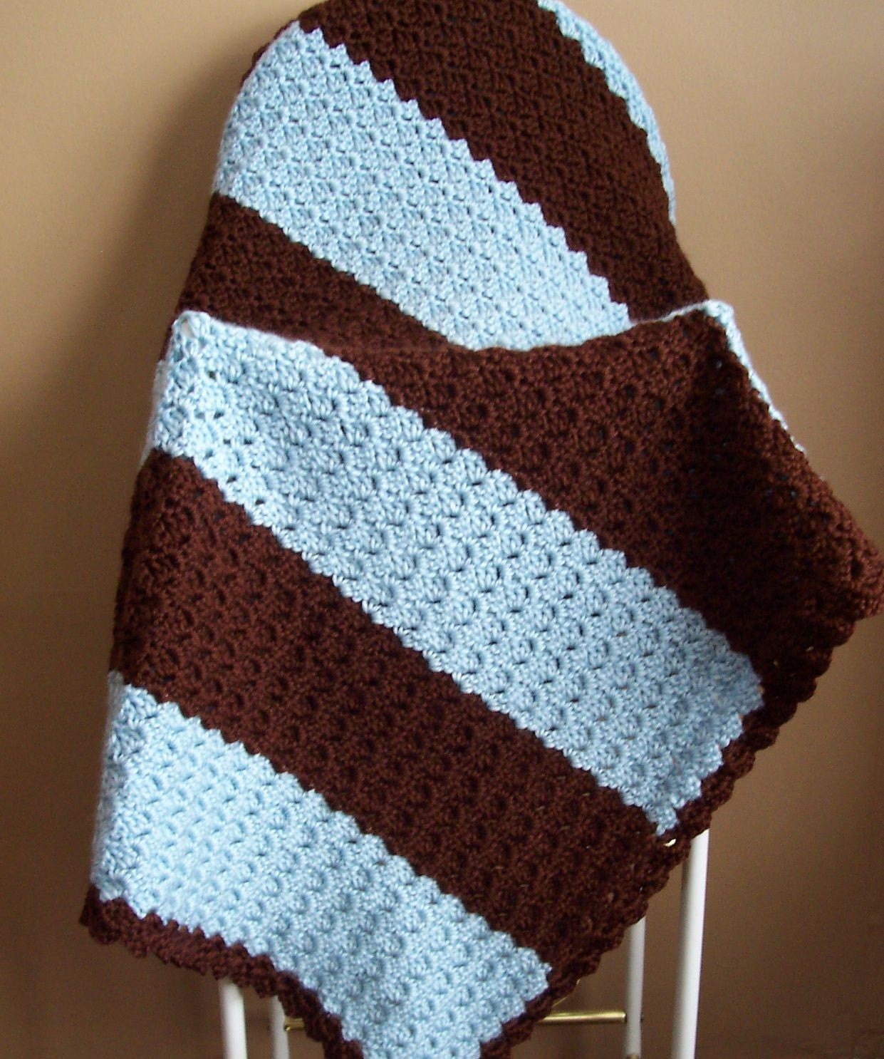 Crocheted Baby Afghan Blanket Baby Blue/Chocolate Brown