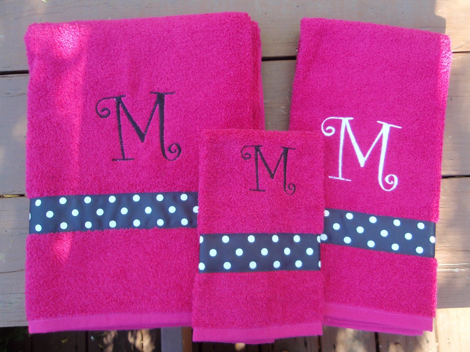 3 pc Towel Set Hot Pink w/Black Polka Dot Ribbon Personalized