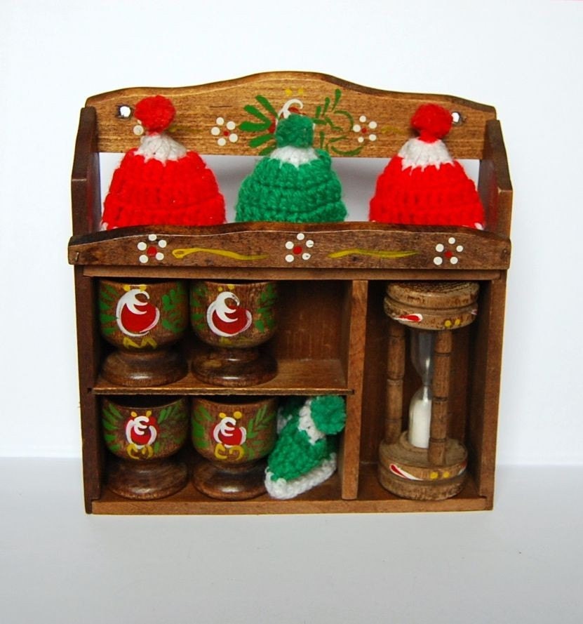 Vintage wooden egg holders set with eggglas and cute