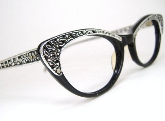 Black Retro Cat Eye With Silver Filigree Eyeglasses Frame 