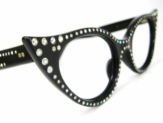 Vintage 50s Cat eye Glasses French Black Eyewear Frame Bling