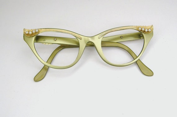 Vintage 50s Cat Eye Eyeglasses Tura Winged With Pearls Frame 