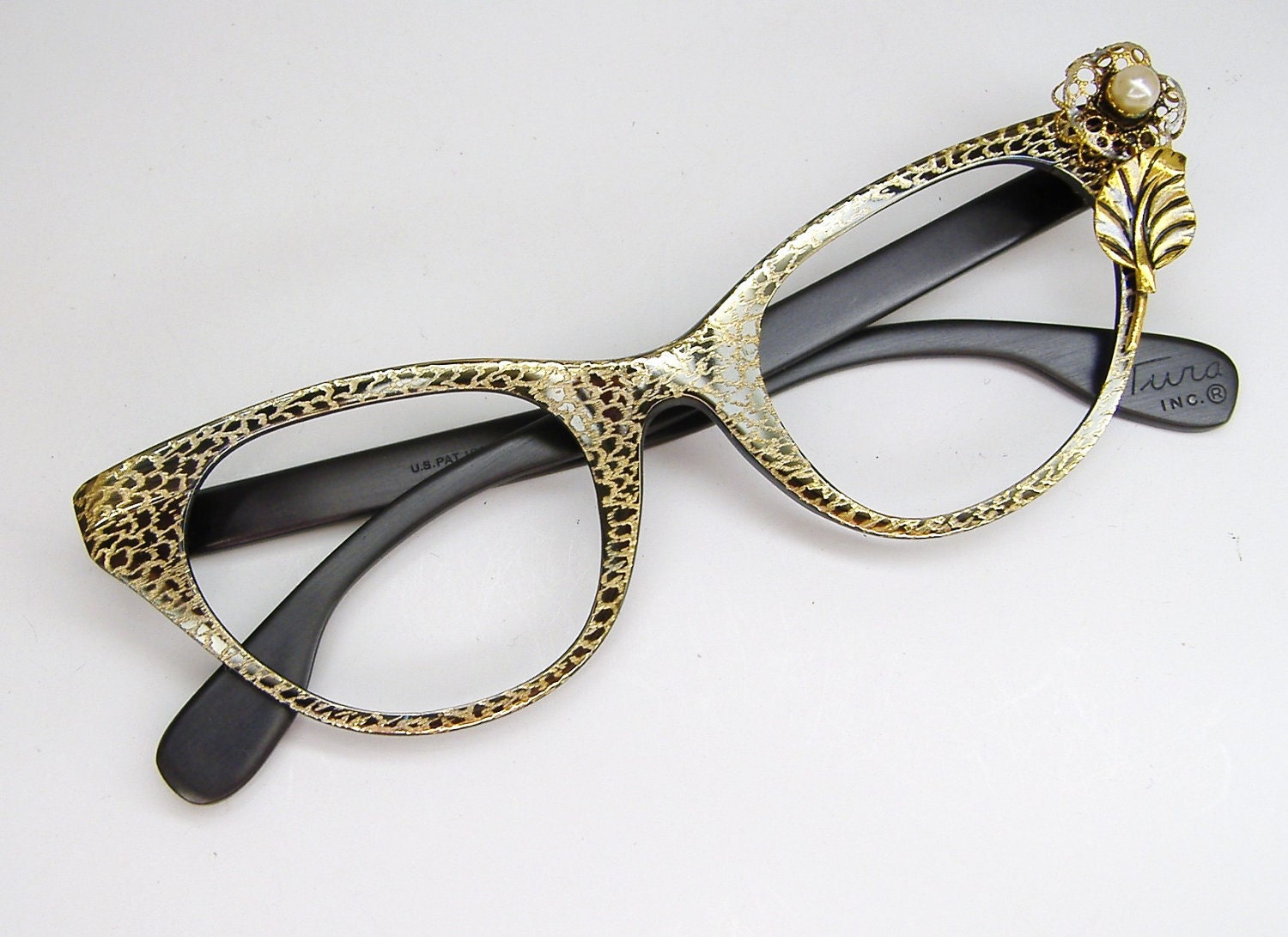 Vintage Tura Cat Eye Eyeglasses Frame With Gold Rose Nos 