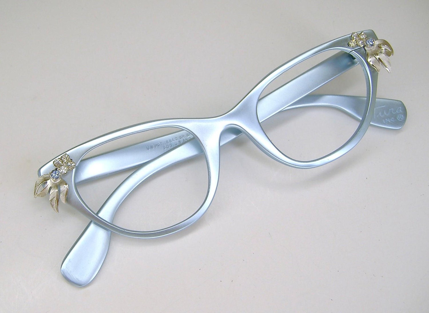 Vintage 50s Tura Cat Eye Eyeglasses Frame Nos Blue And Silver