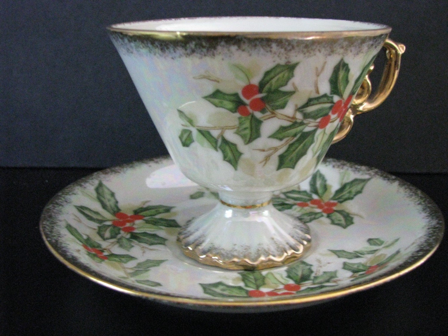 Sterling China Footed Cup Saucer December Holly Pattern
