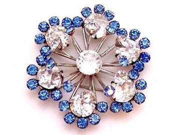 Sterling Silver Clear Blue Rhinestone Pin / Pendant