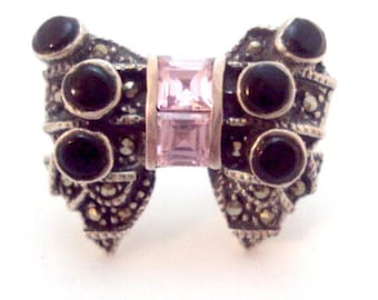 Sterling Silver Onyx Pink Crystal BOW Marcasite Ring