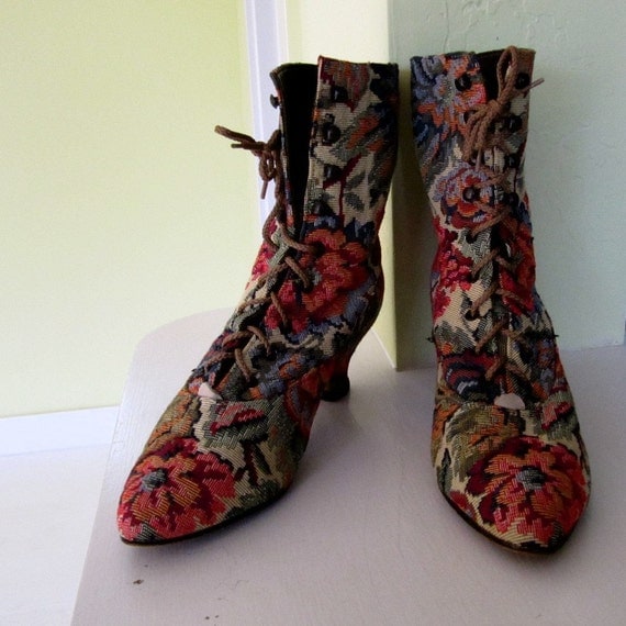 80s Tapestry Lace up Granny Boots Victorian Booties 5.5 m