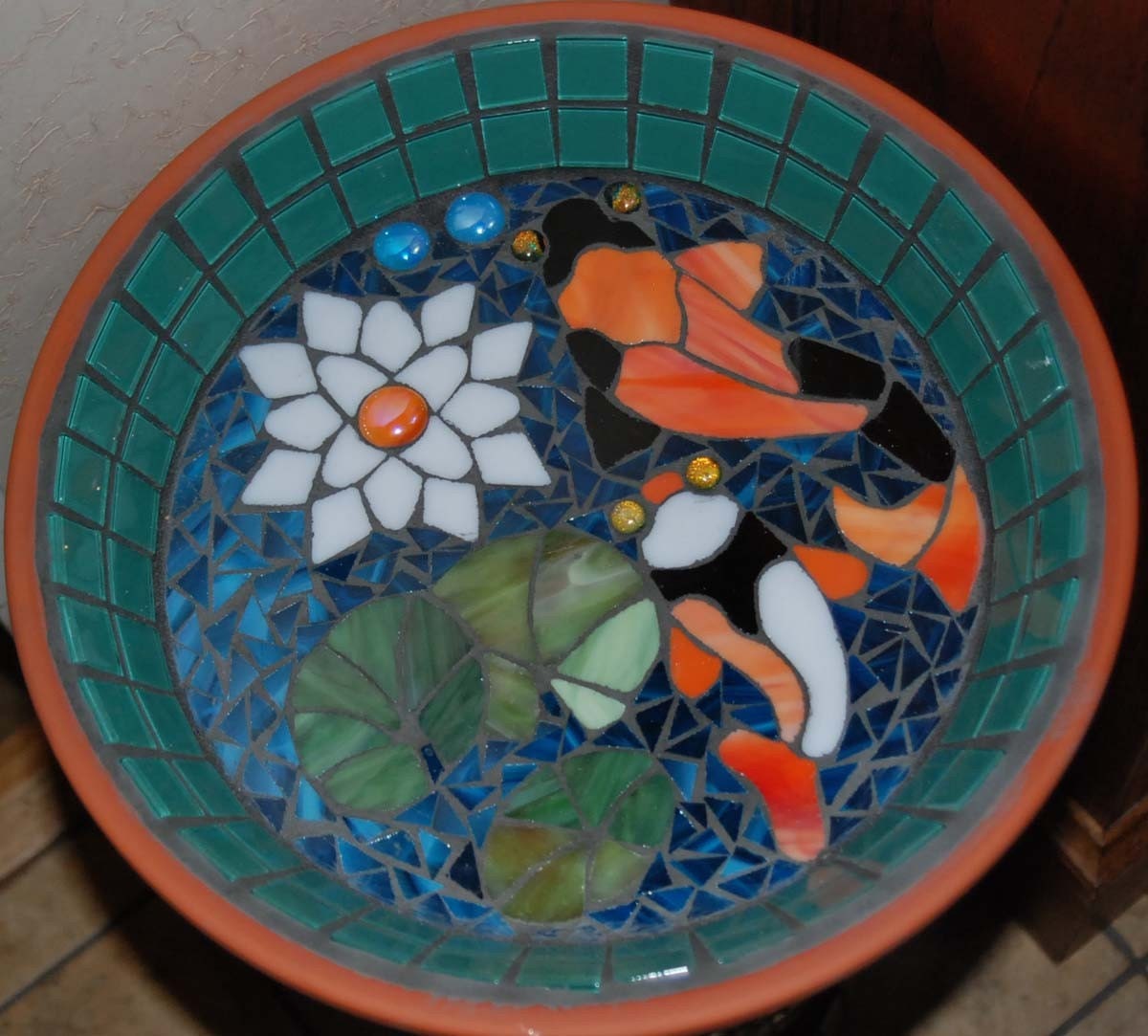 Koi Pond Bird Bath Stained Glass Mosaic Art