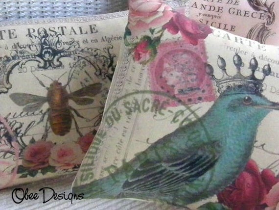 Vintage French Postcard PILLOW with Roses, Postage Stamps and Crowned Blue Bird with a Cream Linen Envelope Closure Back