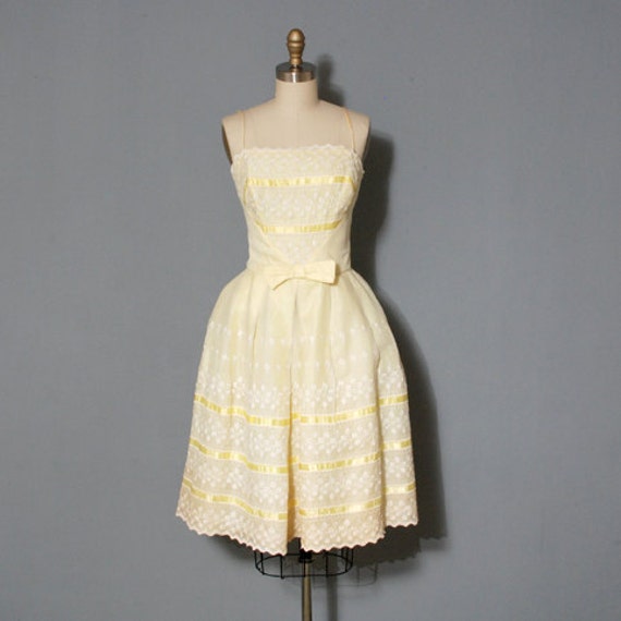 Yellow Eyelet and Ribbon 50s Party Dress by OldFaithfulVintage