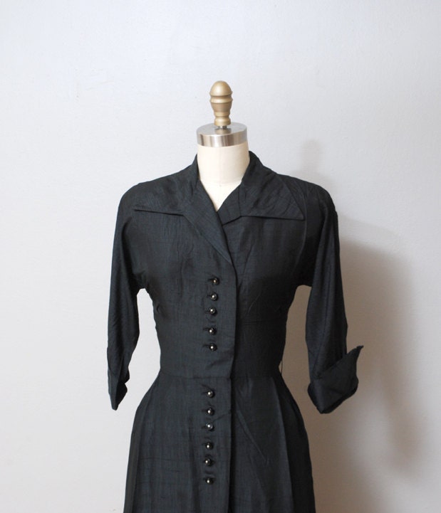 Vintage 1940s Dress Black Silk Shirtwaist Dress