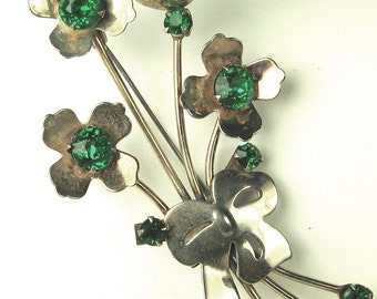 Vintage 925 Sterling and Green Rhinestone Floral Pin