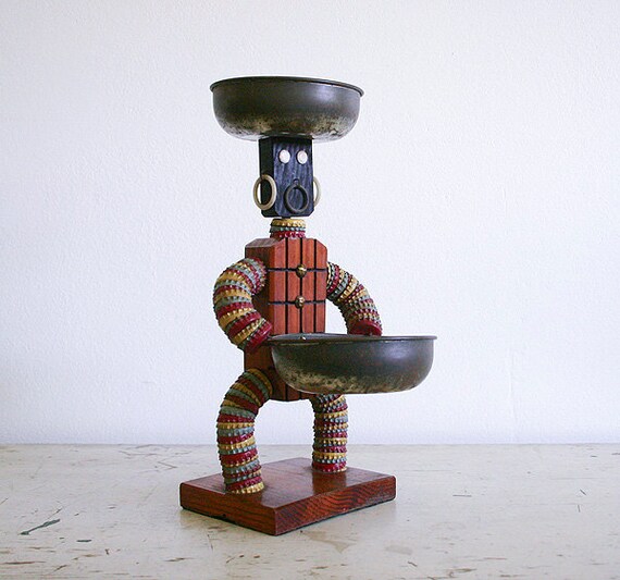 Vintage Bottle Cap Man Folk Art Assemblage Found Objects