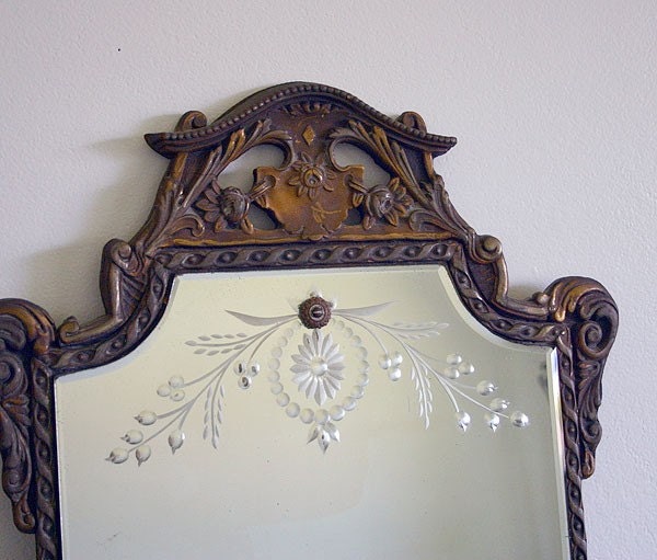 Vintage Etched Mirror with Fancy Gold Frame