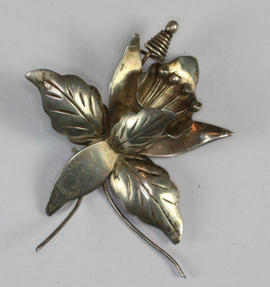 Vintage Orchid Brooch Pin Sterling Mexican Flower Design