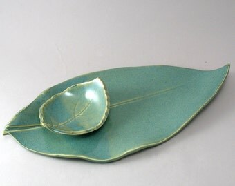 Leaf Plate-Leaf Dipping Bowl-Serving Tray-Teal-Hand Built-Pottery Bowl-Pearl Green Glaze