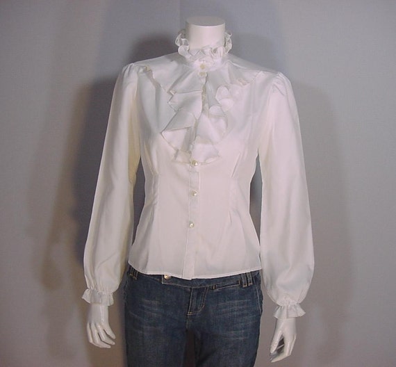 Vintage Ascot Ruffle Blouse White and Ivory by BloomStreetVintage