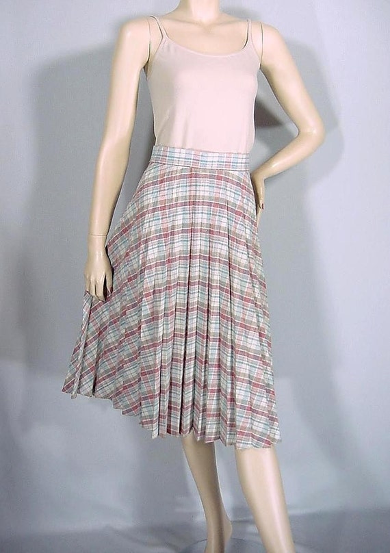 Vintage 1970s Accordion Pleat Plaid Skirt M L