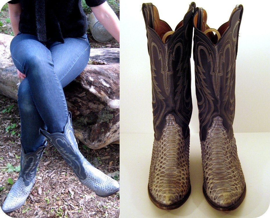 80s Larry Mahan Snakeskin Sea Bass Powder Blue Cowboy Boots