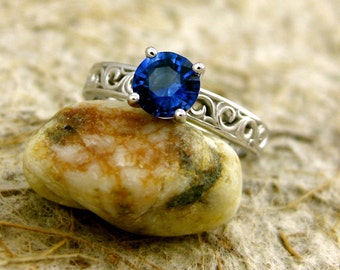 Blue Sapphire Engagement Ring in 14K White Gold with Detailed Scroll Pattern Size 6
