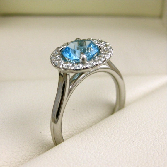 Teal Blue Topaz and Diamond Engagement Ring in 14K White Gold