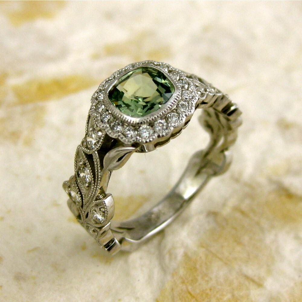 Sage Green Square Cushion Cut Sapphire amp; Diamond by SlowackJewelry