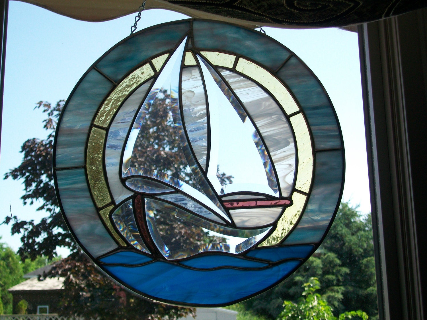 Stained Glass Sailboat Panel Suncatcher 5515