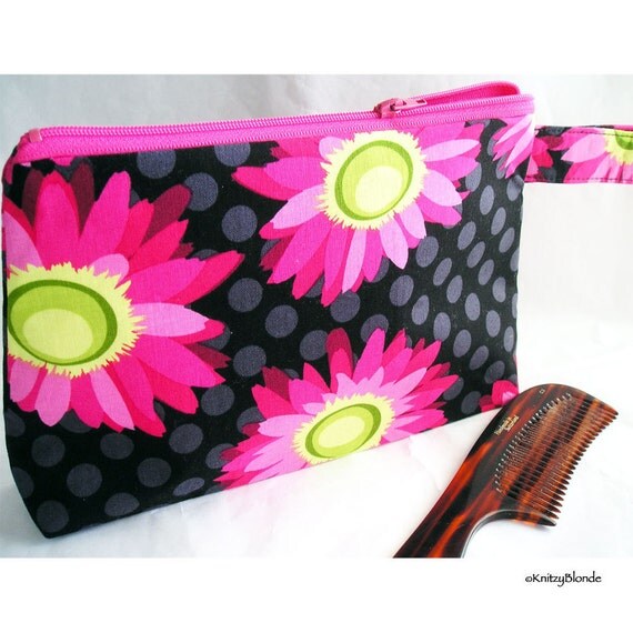 ... Notions, Project Bag, Pink Sunflowers, Black Dots, Clutch Purse