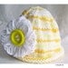 Photo Prop Baby Hat Cloche, Sunshine Yellow Stripe, Loopy Daisy, Big Button, Cotton Yarn