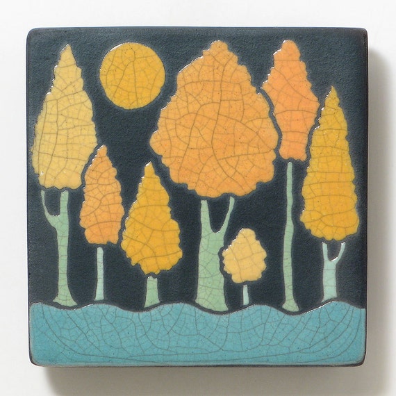 Ceramic tile golden yellow orange trees handmade 4x4 raku