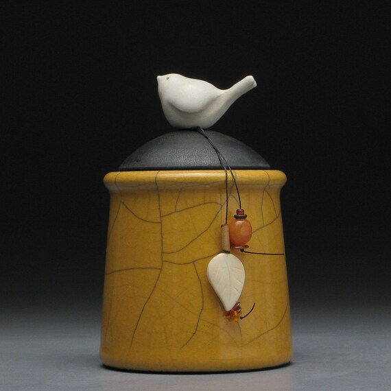 Raku,Ceramic jar with Bird, pottery jar ,Little Clay Bird on a golden