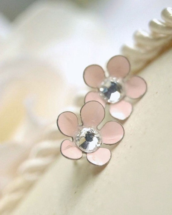 Petals. Blush Post Earrings. Soft Pink with Crystal. Shabby