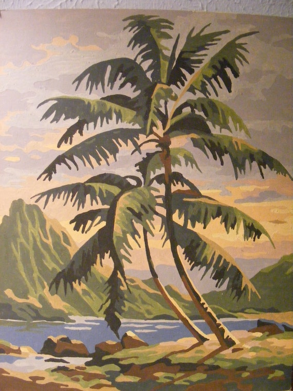 Vintage Pair of Paint by Number Tropical Palms Sea Mountain