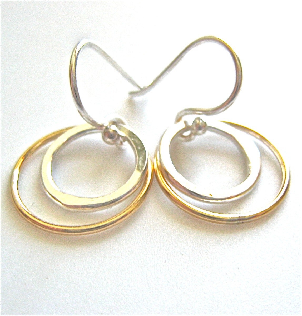 Double two hoop dangle earrings in sterling and 14K gold