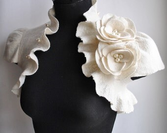 Bridal Ivory Bolero, Felt Wedding Shrug, Merino Cashmere Bolero, Designer Bolero, Cap Sleeves, Floral Bolero Shrug /Princess of Light/