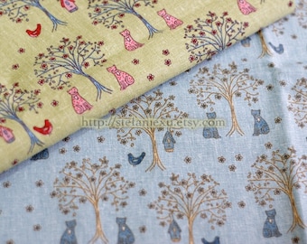 Kawaii Cat and Bird In The Woods-Linen Cotton Blended Fabric (Fat Quarter)