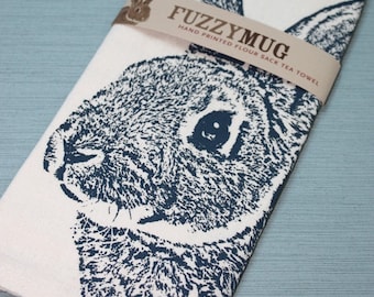 Fuzzy Bunny Tea Towel in Navy, Rabbit Tea Towel - Hand Printed Flour Sack Tea Towel (Unbleached Cotton)