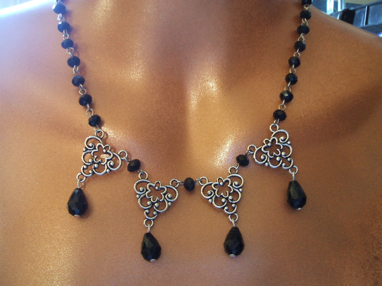 Black Crystal Beaded Necklace w/ Silver Charms & by DeluxeAGoGo