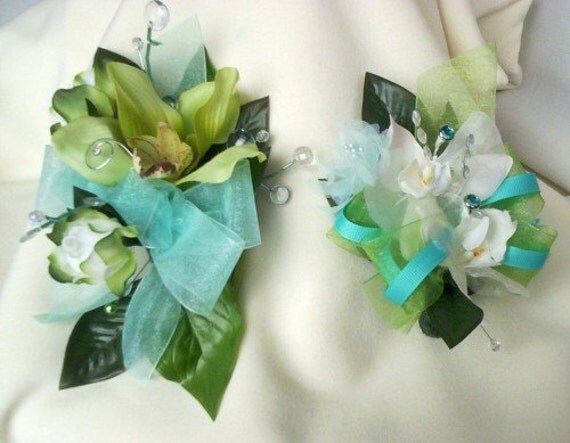 Beach Wedding Flowers Corsages Silk Orchids robin egg Blue