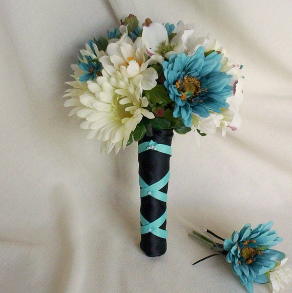 Turquoise Bouquet black Silk wedding Flowers Ready to Ship