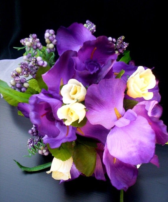 Purple Bridal Bouquet Silk Wedding Flowers Ready to Ship