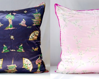 Vintage Scarf Pillow Cover JAPAN & Cherry Blossom, 30x30 Decorative Throw Cushion Upcycled EcoChic HomeDecor