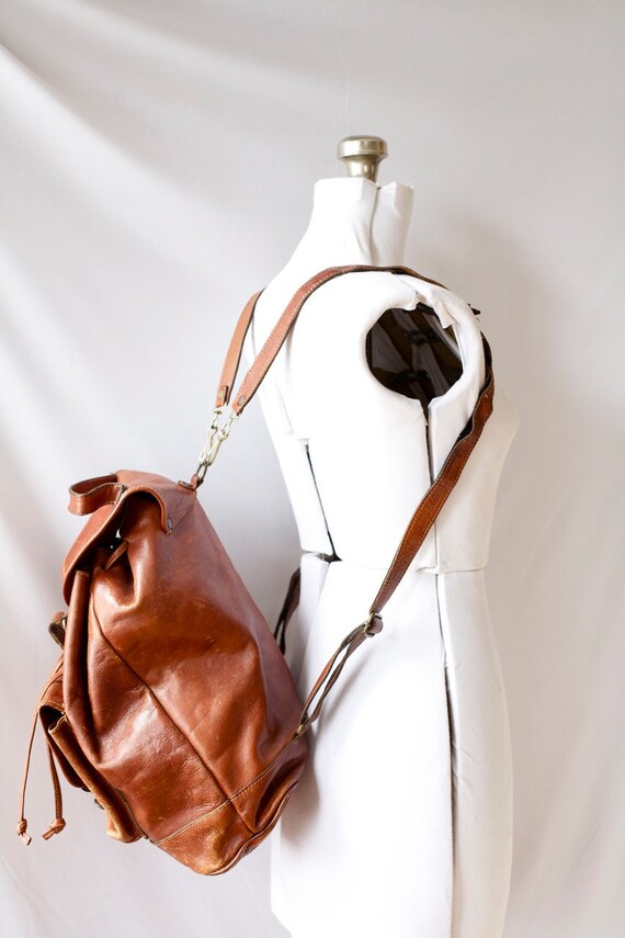 Vintage Backpack . Brown Leather Satchel . Made in Italy