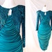 vintage 1980's Dress Blue Sequin Draped LS Glam Party