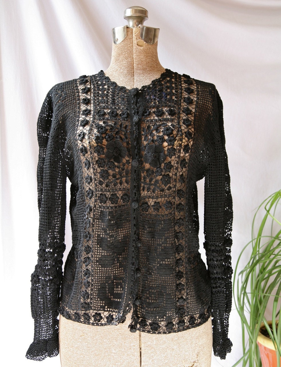 Vintage Cardigan . Black Lace Crochet Victorian Gothic