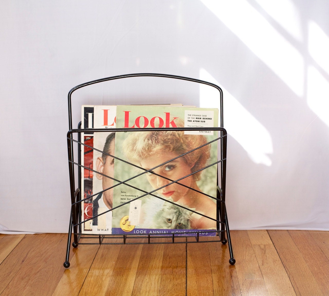 Vintage 50s Wire Magazine Rack , Glossy Black Haute Juice