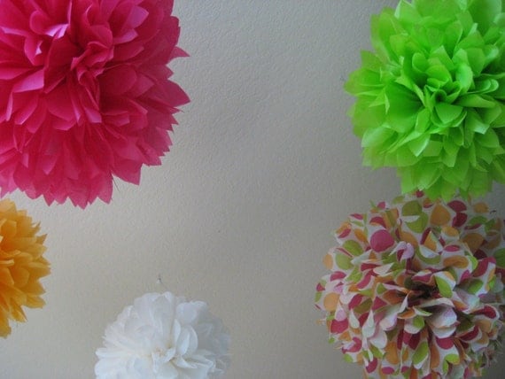 Preppy reMIX - 5 Tissue Pom Kit - Hot Pink Lime Orange Dots Il_570xn