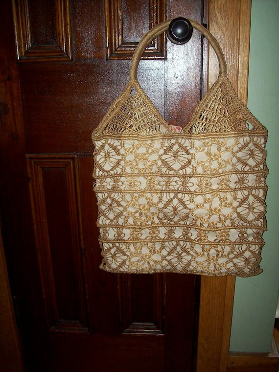 Vintage Knit Jute Twine Tote over Canvas Macrame Beach Bag