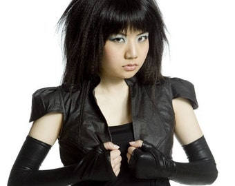 Fingerless black opera gloves by Plastik Wrap in latex like finish, sleeves, arm warmers, sleek, modern, futuristic.
